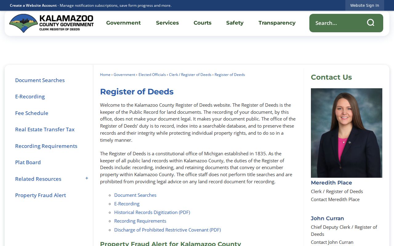 Kalamazoo Township past residents deed research through the Register of Deeds grantor grantee search