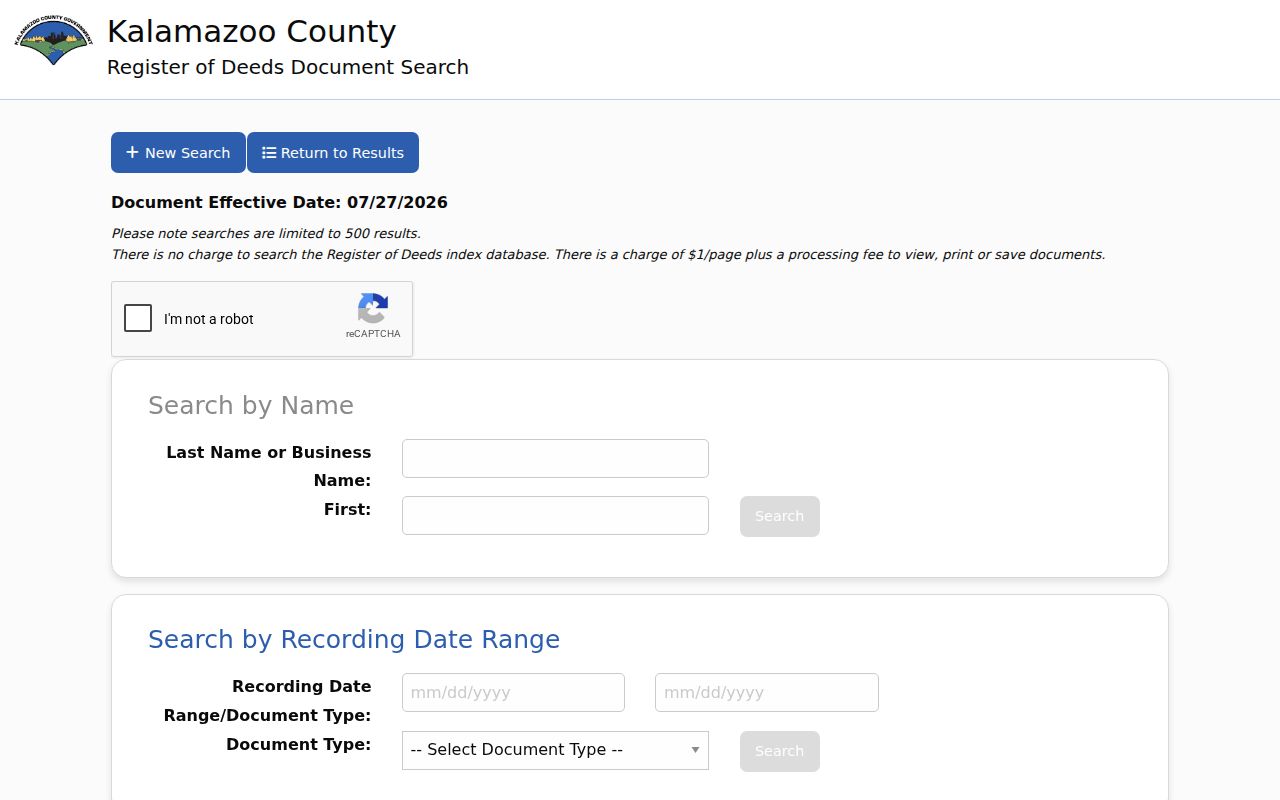 Kalamazoo Township street directory deed index search interface